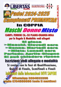 PADEL EVENTI 2024/2025 ”CAMPIONATO PRIMAVERA IN COPPIA” MASCHILE E FEMMINILE MISTO @ CAGLIARI E INTERLAND